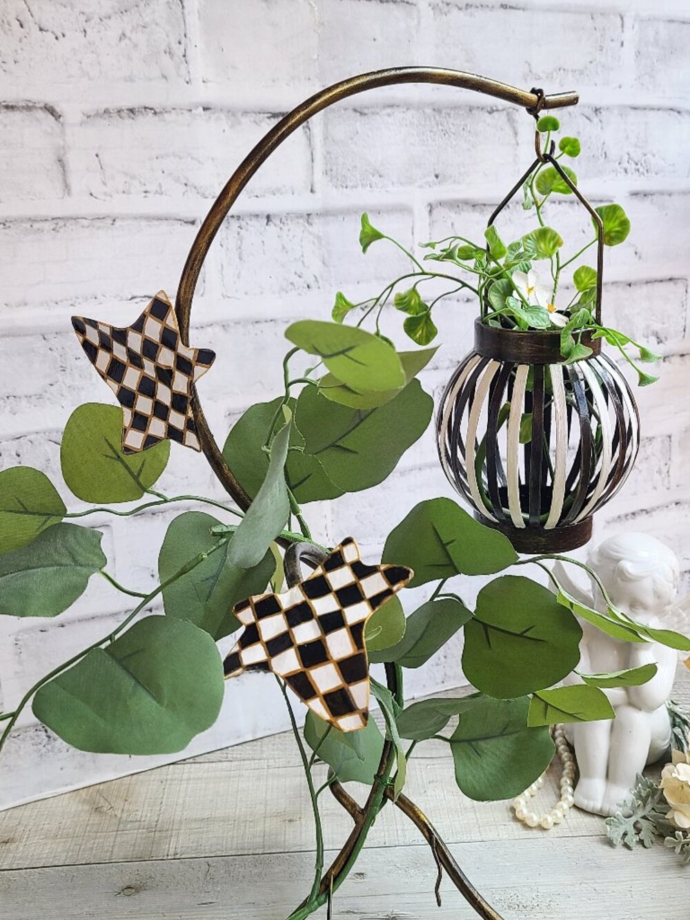Checked Striped Hanging Basket Plant Decor Checkered Flower Pot Whimsy Decor